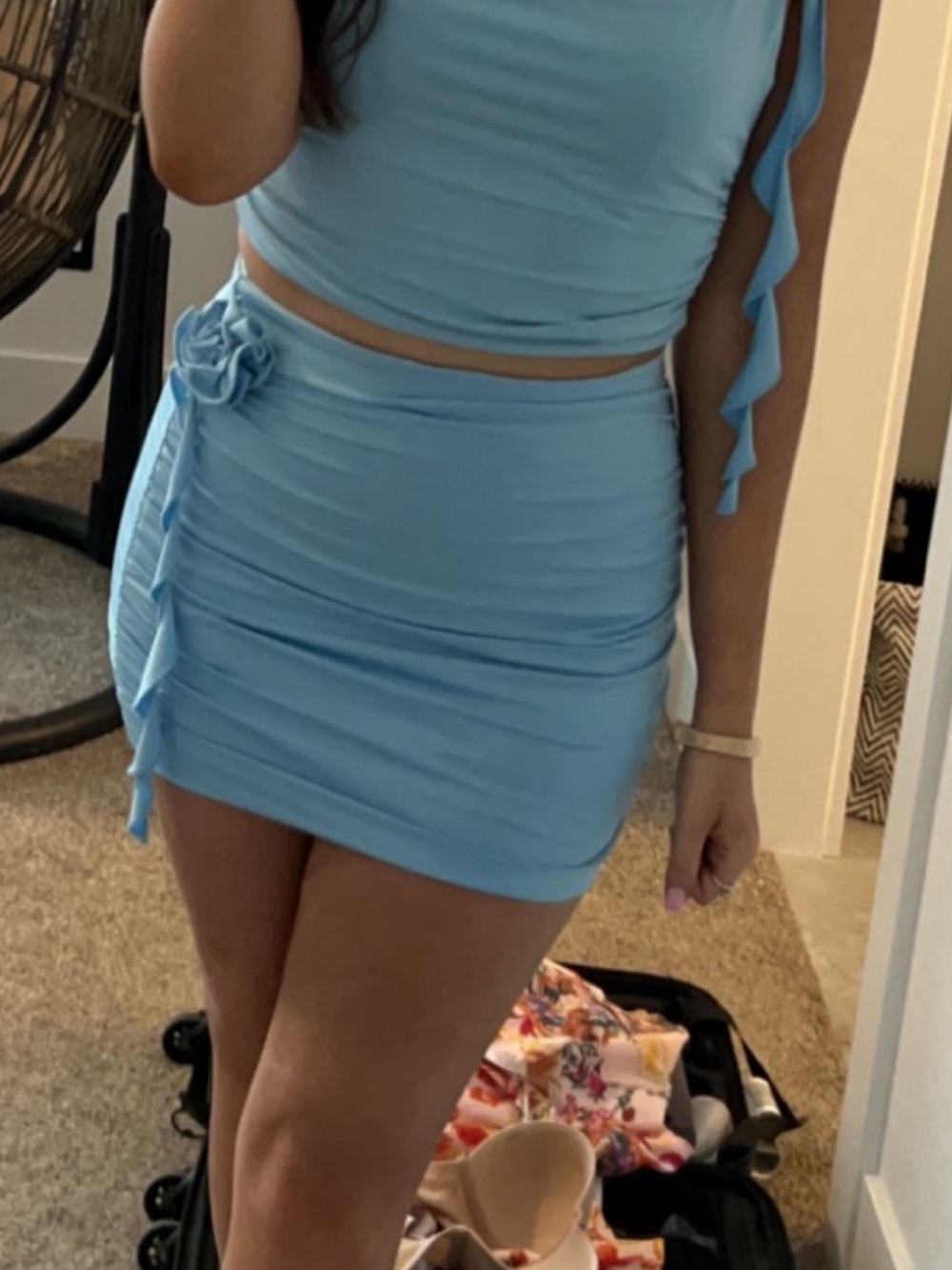 Amazon Light Blue Ruched Mini Skirt Set with Side Rosette
